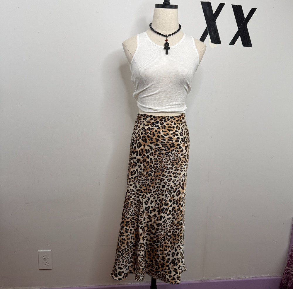 Majorelle Revolve Leopard Print Satin Bias Cut Paneled High Waist Midi Skirt XS